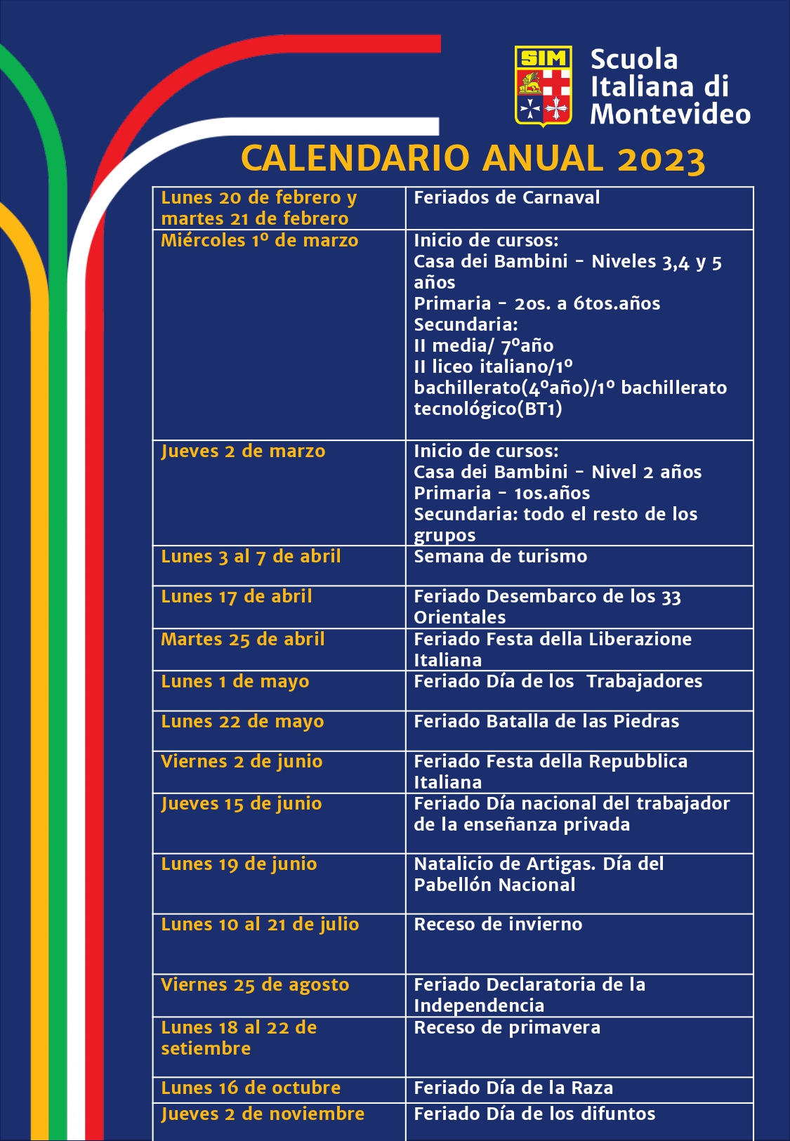 CALENDARIO AÑO LECTIVO 2023